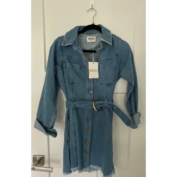 Show Me Your Mumu Denim Jean Dress Longsleeve Dress Belted Raw Hem SMALL NWT - Picture 2 of 7